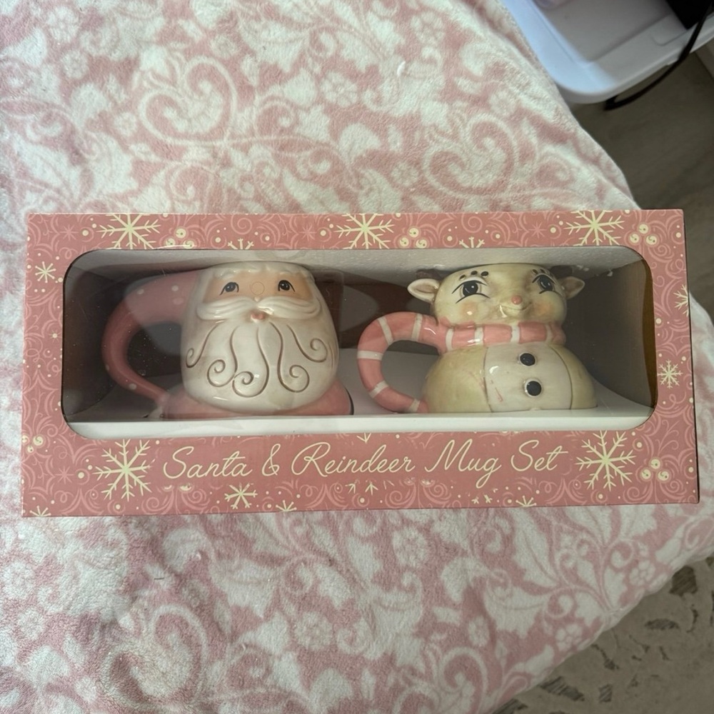 Santa & Reindeer Mug Set - Pink and White